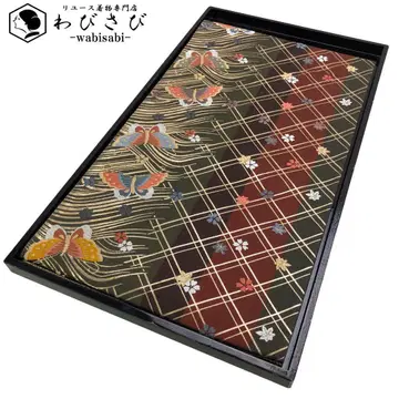 후쿠로 오비 선명한 나비와 꽃무늬 격자 무늬 금채 O-1378