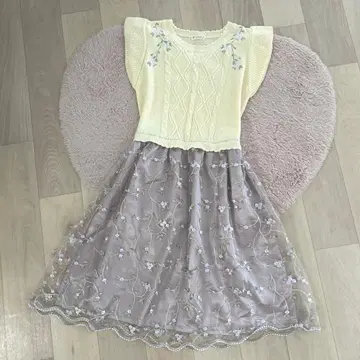 엑시즈팜 니트 x 오간자 레이스 스커트 도킹 원피스 고급