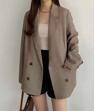 체크 무늬 더블 버튼 테일러드 자켓 브라운