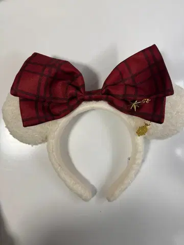 미키 귀 달린 머리띠 빨간색 체크 리본