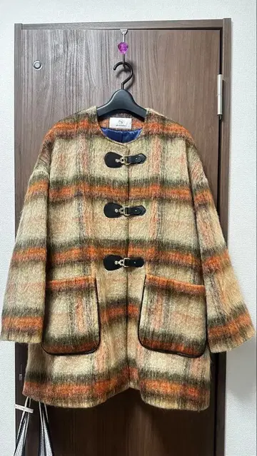 울 체크 코트 오렌지 베이지 그린