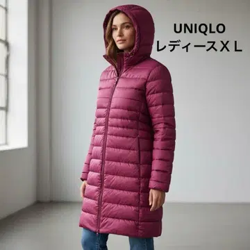 UNIQLO 여성용 XL 후드 부착 와인 레드 미들 다운 자켓