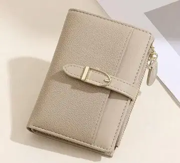 베이지 이단 접이식 지갑 합성 피혁