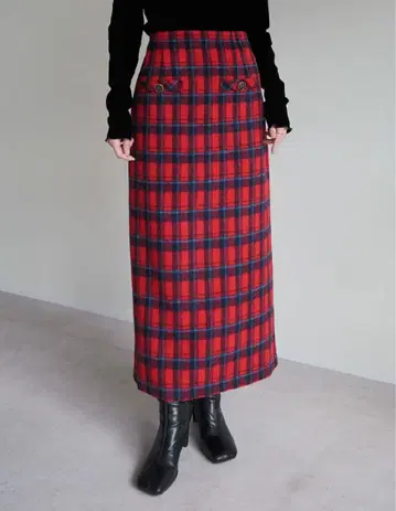 체크 무늬 기모 내로우 스커트