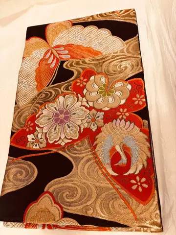 새상품급 후리소데 후쿠로 오비 나비 패턴 블랙