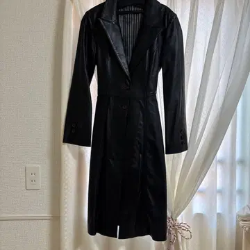 블랙 롱 가죽 코트 벨트 포함