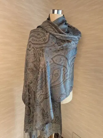 블루 그레이 페이즐리 무늬 실크 대형 스톨