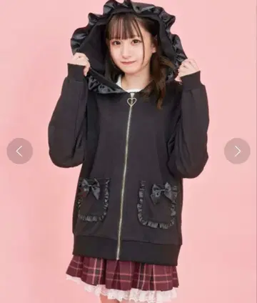 Secret Honey 프릴 후드 부착 리본 후드티 블랙 지뢰계