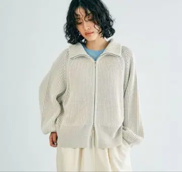 LEPSIM 7 게이지 배색 리브 ZIP 가디건 아이보리