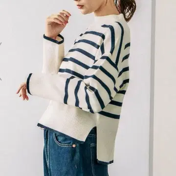 멜티 소매 버튼 스탠드 풀오버 아이보리 네이비 보더 L