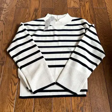 멜티 소매 버튼 스탠드 풀오버 아이보리 네이비 보더 L