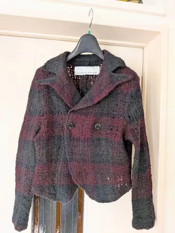 sunaokuwahara 체크 무늬 후드 부착 가디건 자켓