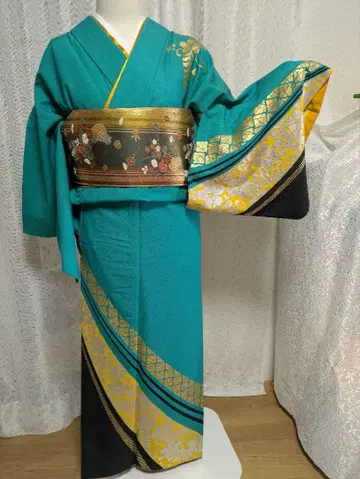 새상품 터콰이즈 블루 호몬기 꽃무늬 자수와 폭넓은 반폭 오비 세트