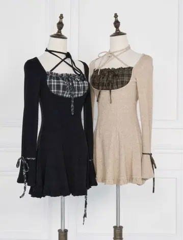 [ BunnyLis ] 체크 절개 리본 컷 원피스 BK