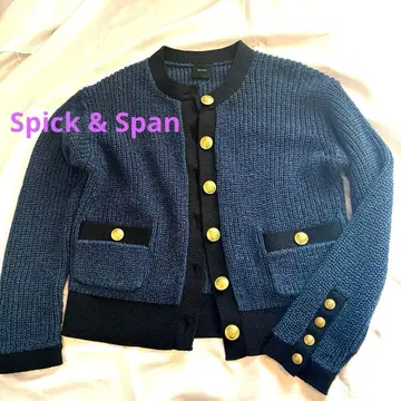 Spick and Span 네이비 트위드 니트 노카라 자켓