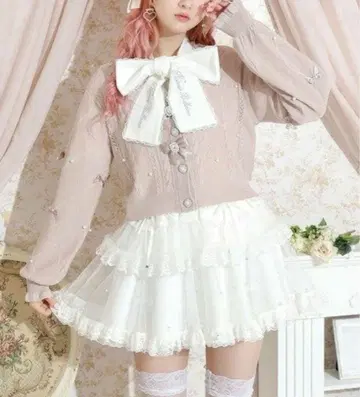 NOEMIE 노에미 메니 리본 키라키라 케이블 가디건 핑크