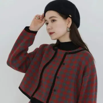 [ TINA:JOJUN ] 완판템 체크 가디건 홀리데이 빨간색 니트 세트