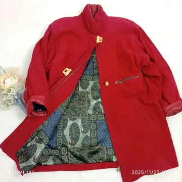 빈티지 양가죽 가죽 턴락 코트 페이즐리 올 패턴 안감 레드