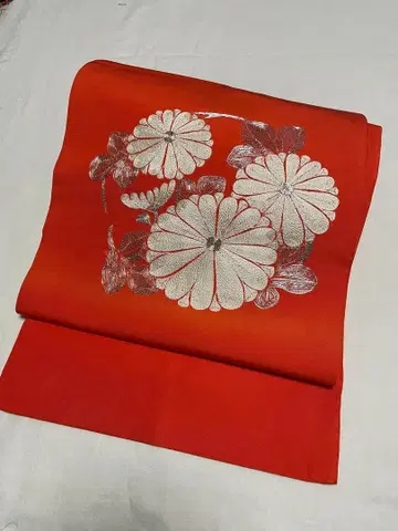 다이쇼 로망 나고야 오비 주홍 은 자수 국화