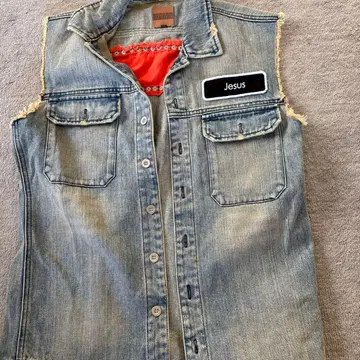 데님 프린지 베스트 Jesus 명찰 포함