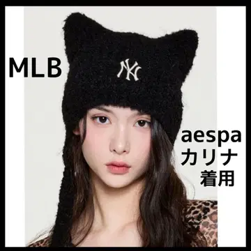 한국 MLB korea 고양이 귀 니트 모자 끈 포함 블랙