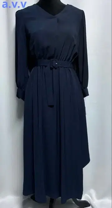 a.v.v 벨트 v넥 개더 플레어 원피스 네이비