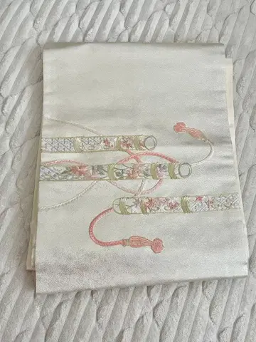 나고야 오비 실버 화이트 피리 순수 실크