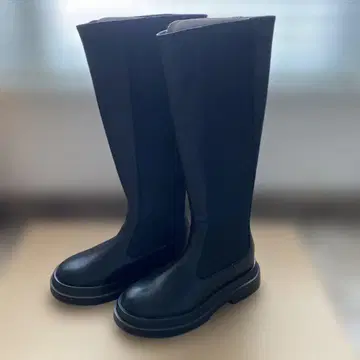 [ 미사용 새상품 ] 블랙 사이드 고어 부츠 무릎 위 기장 S 사이즈