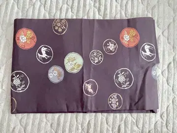 보라색 나고야 오비 원형 무늬 사슴 순수 실크