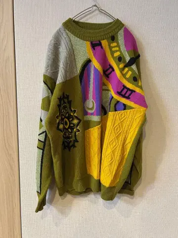 울 100% 디자인 니트 올 패턴 빈티지 레트로 자수 골드