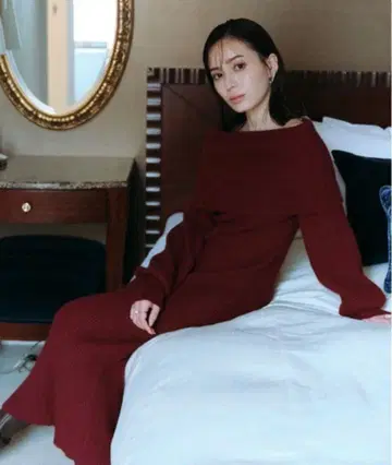 anuans 오프숄더 버건디 니트 드레스 롱 원피스