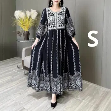 자수 롱 원피스 블랙 귀여운 세련된 루즈핏 체형 커버