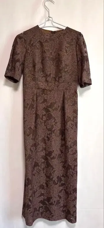 AIMER 자카드 레이스 소매 타이틀 종아리 기장 파티 드레스 브라운