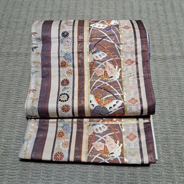 후쿠로 오비 다색 꽃무늬 브라운 베이지 스트라이프