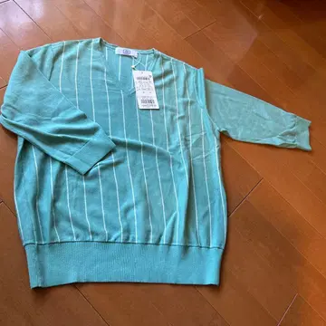 JP PRESS 민트 그린 스트라이프 오부 소매 니트