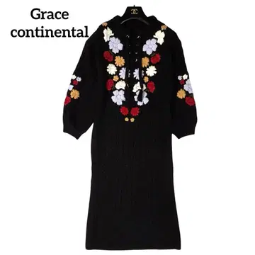새상품급 그레이스 콘티넨탈 자수 케이블 니트 원피스 꽃무늬 블랙 36