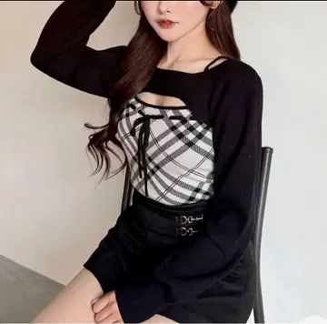 NOMAE 체크 리본 숏 레이어드 니트 화이트 체크