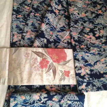 코몬 기모노 네이비 컬러 꽃무늬 오비 포함