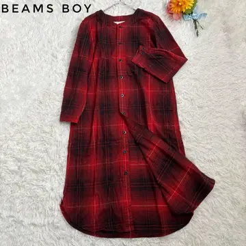 빔즈 보이 옴브레 체크 레드 롱 셔츠 원피스 밴드 카라