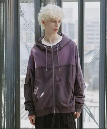 HARE 피그먼트 더블 포켓 ZIP 후드티 퍼플 S