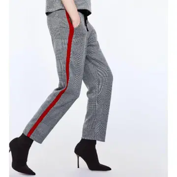 Zara 잡지 게재 완판 그레이와 빨간색 체크 무늬 캐주얼 팬츠