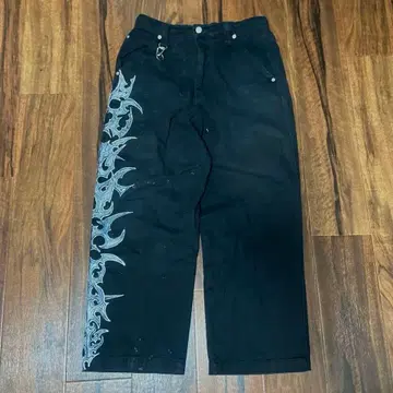 Y2K Opium WEGO 커스텀 프레임 자수 블랙 와이드 레그 팬츠