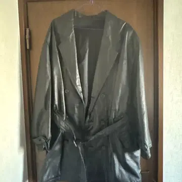 블랙 가죽 더블 브레스트 코트 허리 벨트 포함