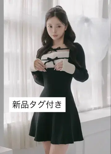 다리치 darich 리본 퍼 플레어 니트 미니 원피스