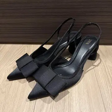 ZARA 리본 포함 블록 힐 슬링백 슈즈 36
