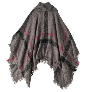 새상품 체크 무늬 니트 판초 터틀넥 프린지