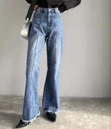 플레어 데님 라이트 블루 프린지 가공 S