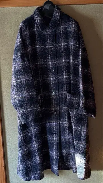 울 혼방 네이비 계열 체크 롱 코트 F