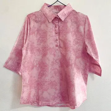 미사용 새상품 핑크 베이지 오부 소매 보타니컬 기하학 문양 튜닉 셔츠