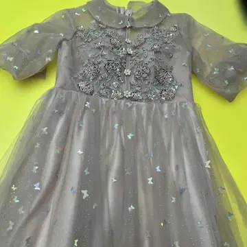 핑크 그레이 꽃무늬 자수 튤 원피스 반팔